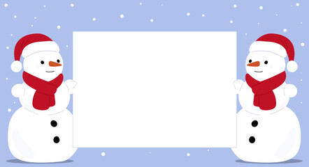 Two snowmen holding white sheet. Christmas card template. Cute snow figures with Santa hats and scarves showing blank Xmas background. Winter snowflake. Vector new year holiday banner
