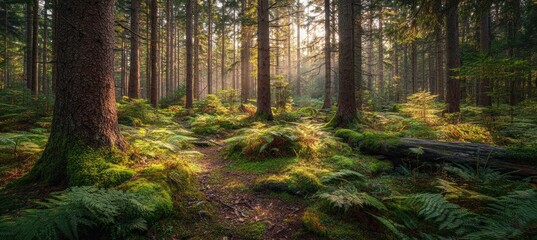 Obraz premium Sunlight streams through a tranquil forest, illuminating moss-covered ground and ferns