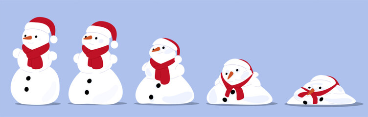 Stages of snowman melting. Snow melts under influence of temperature. Sequence steps of spring coming. Snowdrift with Santa hat and scarf. Snowy figure damage. Vector winter thaw process