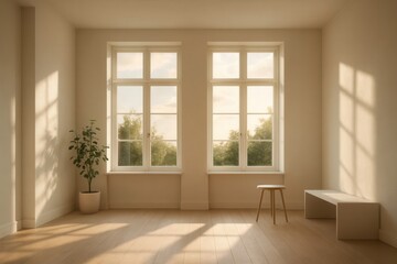 Fototapeta premium A minimalist living room bathed in soft sunlight through large windows, offering a tranquil space for relaxation and contemplation