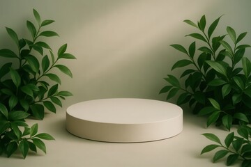 A minimalist stage set against a backdrop of lush greenery