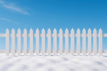 Fototapeta premium A pristine white picket fence stands against a clear blue sky, with snow-covered ground beneath it