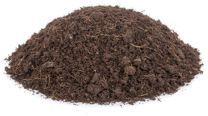 Photographed with mirrorless camera, 135mm lens, small mound of dark rich soil centered on white seamless background, visible fine texture and deep earthy color