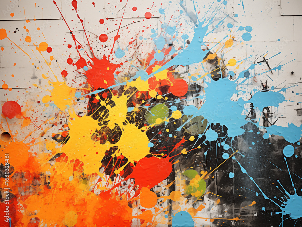 Poster vibrant paint splatters explode across a textured surface creating dynamic abstract art