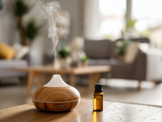 Serene living room with essential oil diffuser and aromatic bottle creating a calming atmosphere