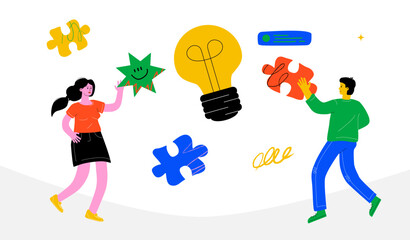 A man and a woman working together on an idea. The light bulb and the puzzle pieces symbolize partnership, collaboration and a successful solution.