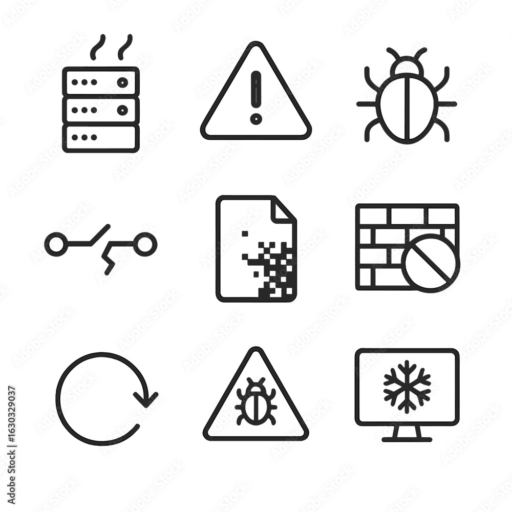 Poster system breakdown icons. outline icon set of system breakdown: server crash, warning alert, bug icon,