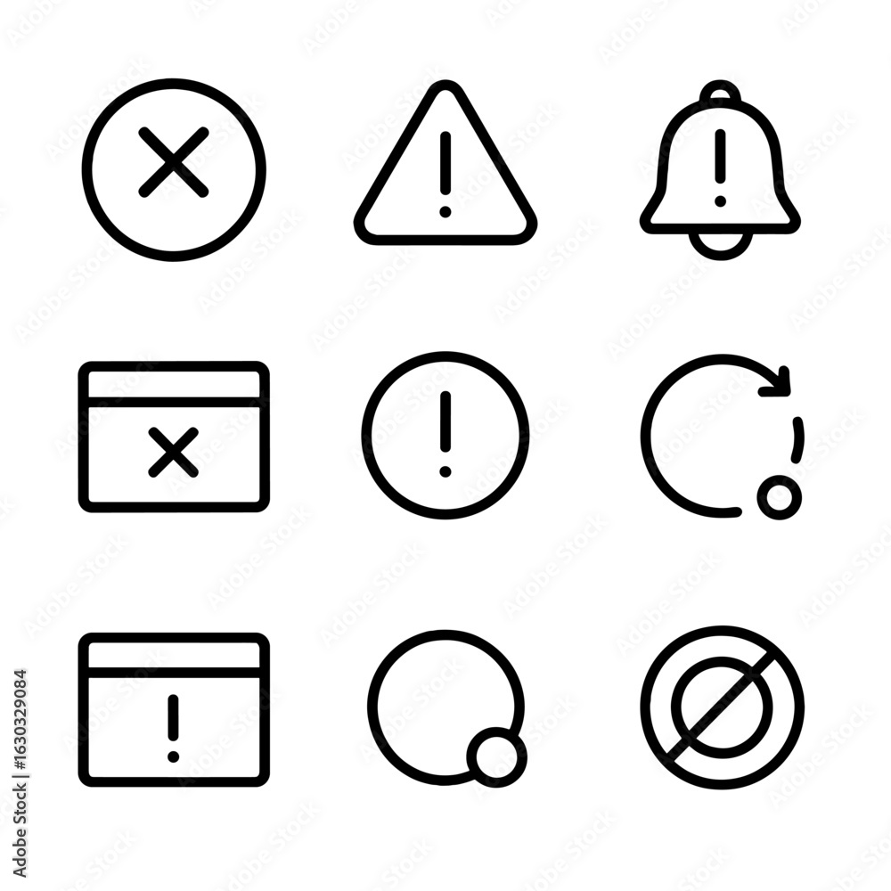 Poster system warning icons. outline icon set of system warning notifications: error badge, exclamation tri