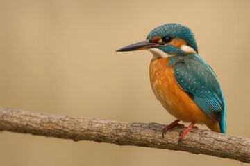 Fototapeta premium A Kingfisher perches on a branch, its blue and orange plumage contrasting against the muted background