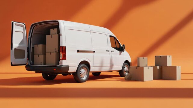 A white delivery van with boxes on an orange background.