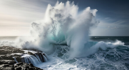 Fototapeta premium Massive Ocean Wave Crashing on Rugged Coastal Rocks