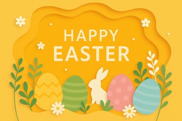 Happy Easter! A delightful illustration of colorful eggs, a rabbit, and spring flowers set against a vibrant yellow background