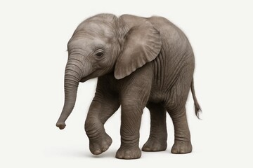 Obraz premium A young elephant stands alone on a white background, its gentle eyes reflecting curiosity and wonder