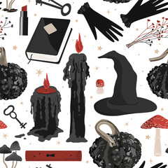 Spooky Halloween seamless pattern with black and red candles, warty pumpkins, witch hat and gloves, witchcraft books and amanita mushrooms. Scary Halloween background clip art