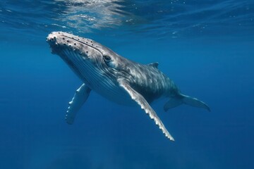 Fototapeta premium A lone humpback whale gracefully swims beneath the surface of a deep blue ocean