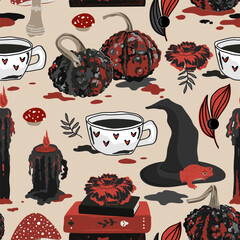 Spooky Halloween seamless pattern with black and red candles, warty pumpkins, witch hat and gloves, witchcraft books and amanita mushrooms. Scary Halloween background clip art.