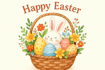 Happy Easter! 🌸🐹 A delightful illustration of a basket filled with colorful eggs and flowers, symbolizing the joyous celebration of spring