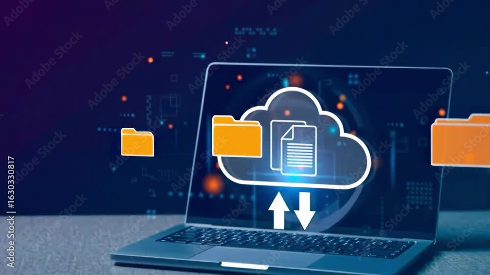 Poster cloud computing and laptop: a modern laptop displays a cloud icon, files uploading, representing sec
