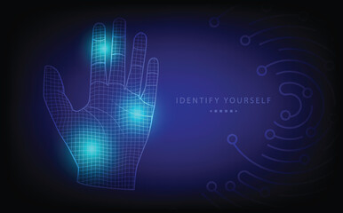 Futuristic biometric authentication concept featuring a glowing digital hand scan on a dark blue background with technology circuit elements.