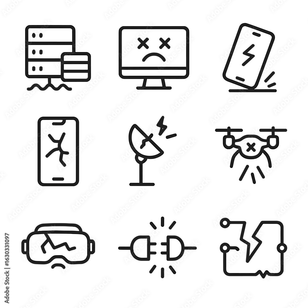 Poster technology breakdown icons. outline icon set of collapse technology: failing server, broken computer