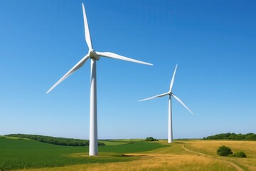 Two Wind Turbines Stand Tall in a Serene Rural Landscape