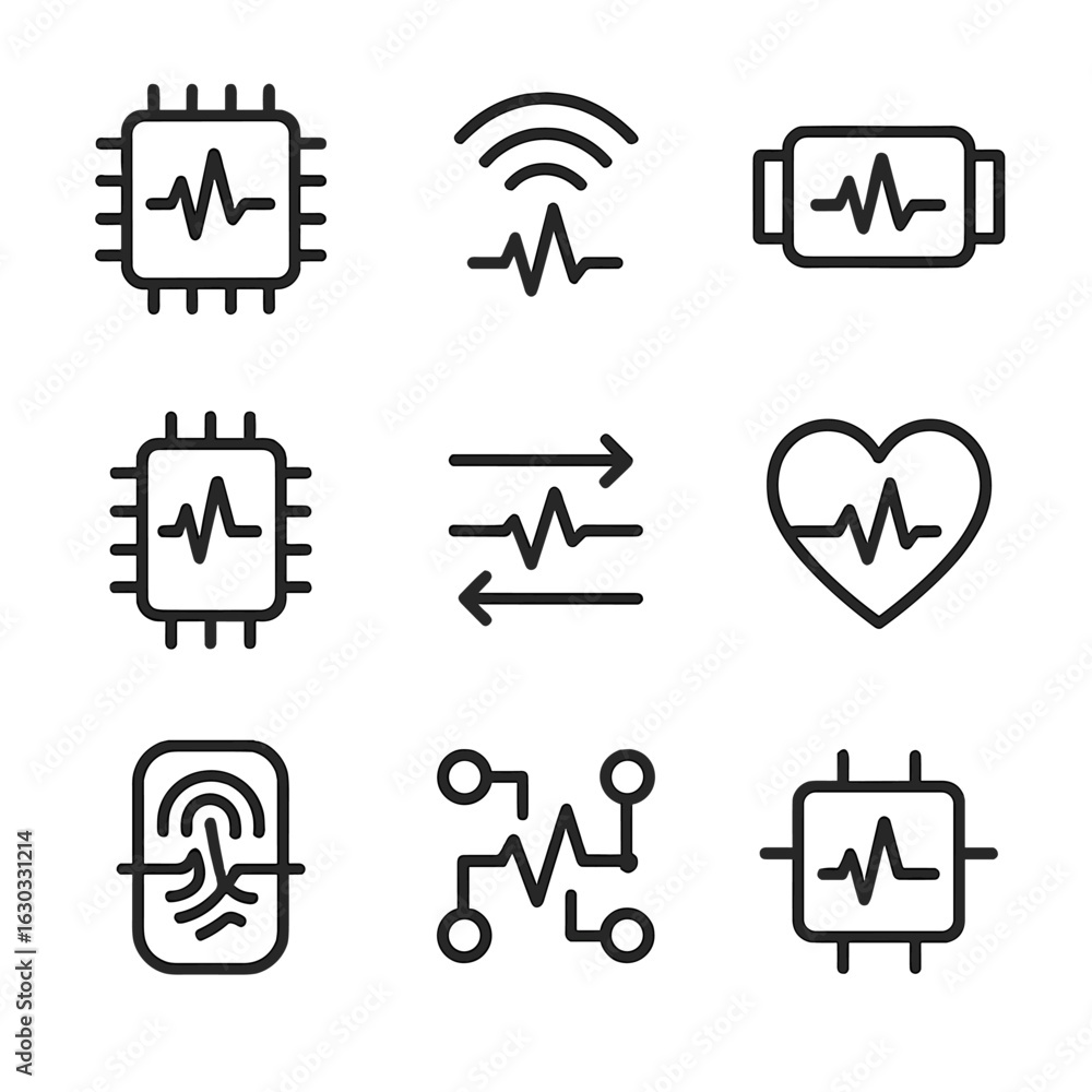 Aufkleber technology pulse icons. outline icon set of pulse in technology: sensor chip, wireless signal, vibra