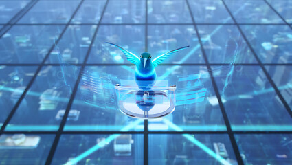 Ai generated image of a vibrant blue hummingbird hovers above a futuristic cityscape, embodying the seamless integration of nature and technology in a digital world
