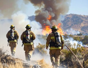 Obraz premium Firefighters battling wildfire in dry landscape with billowing smoke and flames in the background du daytime firefighting operation