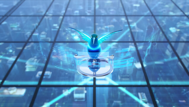 Ai generated image of a vibrant blue hummingbird hovers above a futuristic cityscape, embodying the seamless integration of nature and technology in a digital world