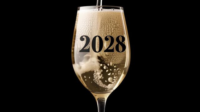 Champagne glass filled with sparkling beverage, featuring bold text '2028' on the surface, symbolizing celebration and anticipation for the upcoming year