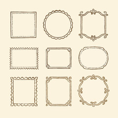 An elegant EPS vector illustration set featuring vintage hand-drawn frames showcasing different types of line styles such as dotted, dashed, scalloped, zigzag, double lines, and ornate curls. 