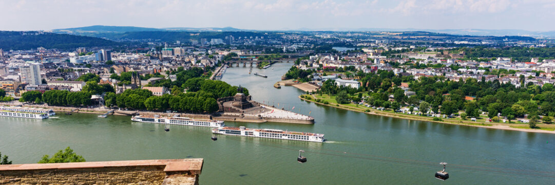 Panoramic image. German Corner (Deutsches Eck) in Koblenz. Germany