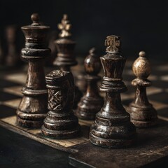Antique Chess Pieces on Dark Board, Strategy Game