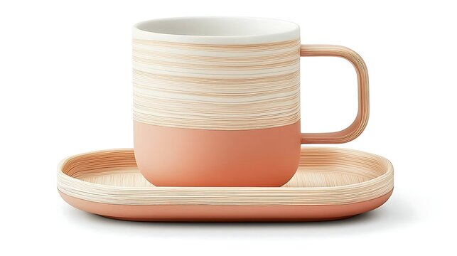 Minimalistic composition with ceramic teacup and saucer, captured using 50mm lens, soft white background and diffuse lighting highlighting delicate edges