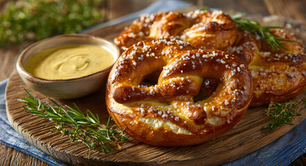 Golden german pretzels and creamy mustard served attractively on wooden board