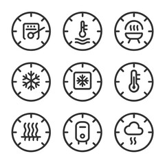 Temperature Gauge Icons. Outline icon set of temperature gauge dials: oven temperature gauge, car temperature gauge, grill heat