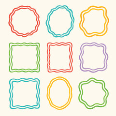 A stylish EPS vector illustration set featuring a collection of trendy hand-drawn doodle frames with wavy, irregular lines. The frames come in various shapes including rectangles, circles, and abstrac
