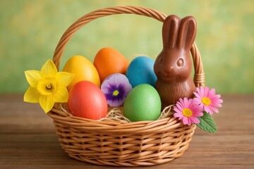 A Colorful Basket of Chocolate Eggs and Daffodils on a Wooden Table