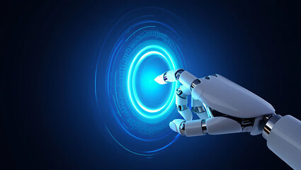 Robot Hand Interacting with Holographic Interface. Futuristic AI robot hand interacting with holographic interface in digital space with glowing elements.