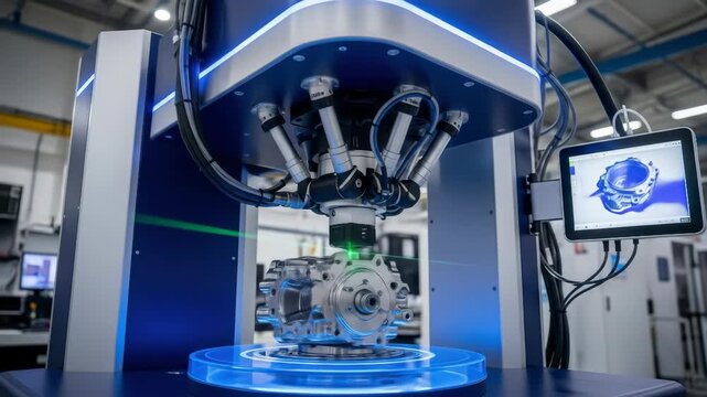 An automated CMM machine precisely measures a metal part in a factory, ensuring high-quality control, and displays a digital blueprint on a screen.
