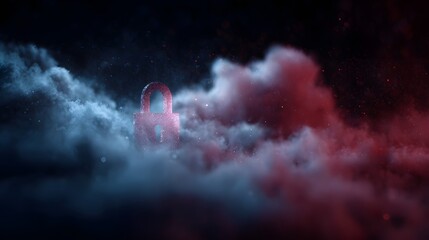Cloud data encryption process with padlock icon and dramatic lighting