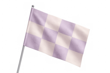 Purple white checkered flag waving softly, transparent backdrop enabling seamless graphic design integration and visual communication