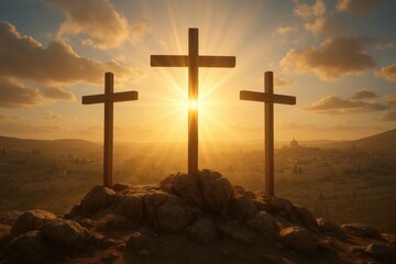 Silhouette of three crosses against a radiant sunrise over a deserted cityscape