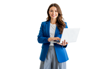 young female business holding laptop isolated on white