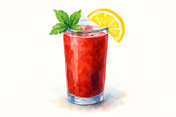 Red juice in glass with mint and lemon, watercolor illustration isolated on white background. stock illustration 