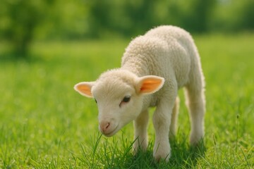 Obraz premium A young lamb grazes peacefully in a verdant field, embodying the tranquility of pastoral life