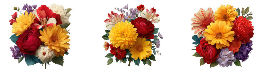 Colorful floral bouquet featuring a variety of vibrant blooms on a transparent background creating a cheerful and eye catching design