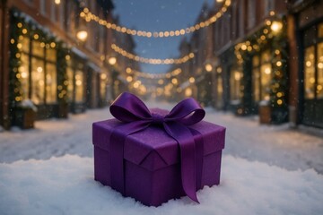 Amidst the winter wonderland, a lone purple gift box stands as a beacon of joy, its vibrant color contrasting with the snow-covered street and twinkling lights
