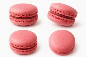 A delightful array of pink macarons, each with a smooth, velvety texture and a rich, dark red filling, arranged in a symmetrical pattern on a pristine white background
