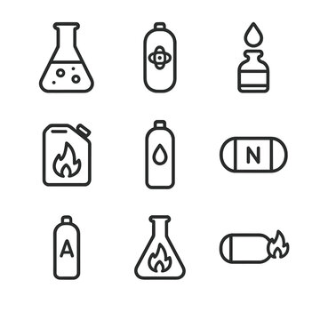 Thruster Fuel Icons. Outline icon set of thruster fuel types: hydrazine, xenon gas, liquid oxygen, kerosene, hydrogen, nitrogen,